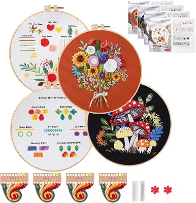 Topapfo 4 Pack Flower Embroidery Kits for Beginners, Cross Stitch Kits for Adults with Stamped Embroidery Patterns, Hoops, Threads and Needles, Threaders