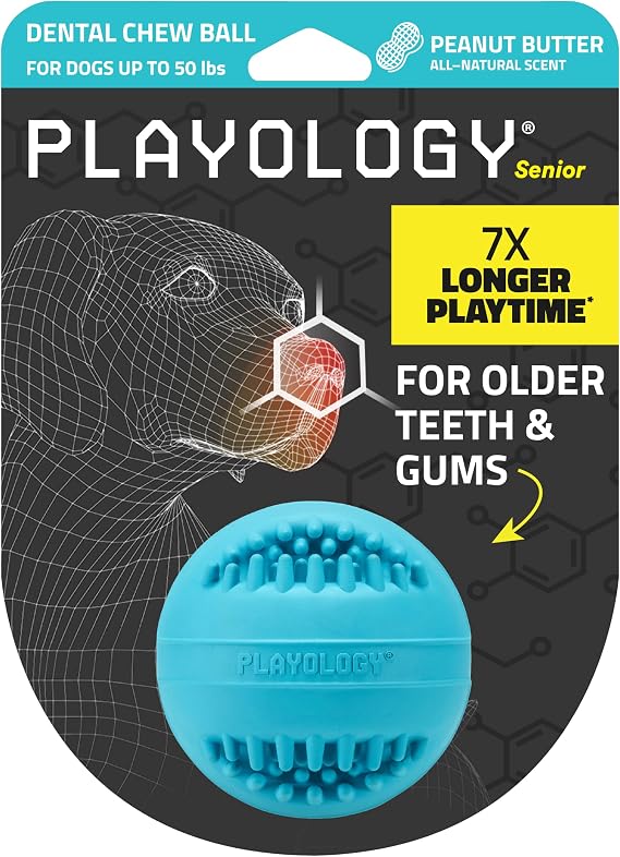 Playology Dental Chew Ball Toy for Senior Dogs- Medium, Peanut Butter Scent