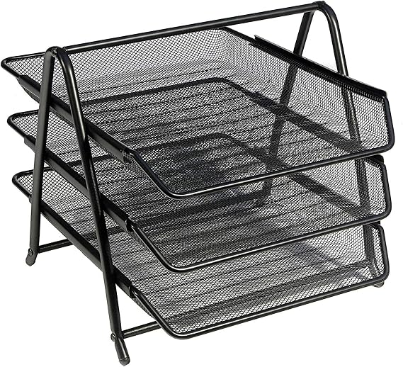 OSCO 3 Tier Wire Mesh Letter Tray Desk Organiser, Steel Mesh Paper Filing Magazine Rack, A4 & Foolscap Document Sorter for Office & Home, Easy Assembly, Durable & Space-Saving, Black