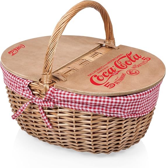 Picnic TIME Coca-Cola Country Vintage Picnic Basket with Lid, Wicker Picnic Basket for 2, (Red & White Gingham Pattern)
