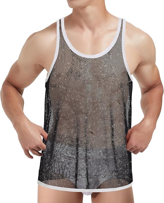 SUMABA Mens Sparkly Fishnet Tank Top Mesh Undershirt See Through Sleeveless Undershirt