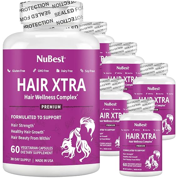 NuBest Hair Xtra - Hair Growth Vitamin for Faster Hair Growth - 60 Vegan Capsules - Natural Hair Thickening with Biotin, Zinc, MSM, B Vitamins, Choline - Hair Supplement, Hair Regrowth (Pack 6)