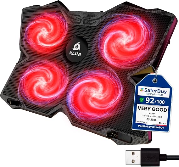 KLIM Wind Laptop Cooling Pad - More Than 500 000 Units Sold - New Version - The Most Powerful Rapid Cooling - Laptop Stand with 4 Fans at 1200 RPM - USB Fan - PS5 PS4 - Red