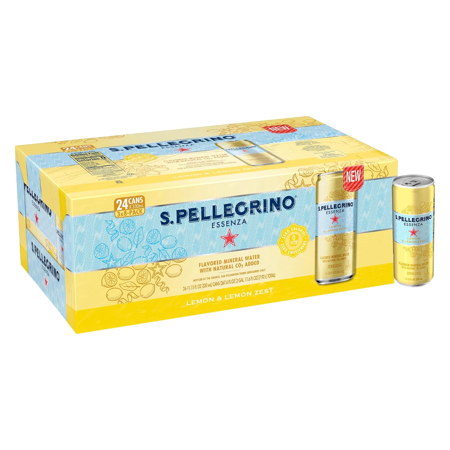 Nestlé® S.Pellegrino Essenza Flavored Mineral Water, LemonLemon Zest, 11.15 Fl Oz, 8 Cans Per Pack, Case Of 3 Packs