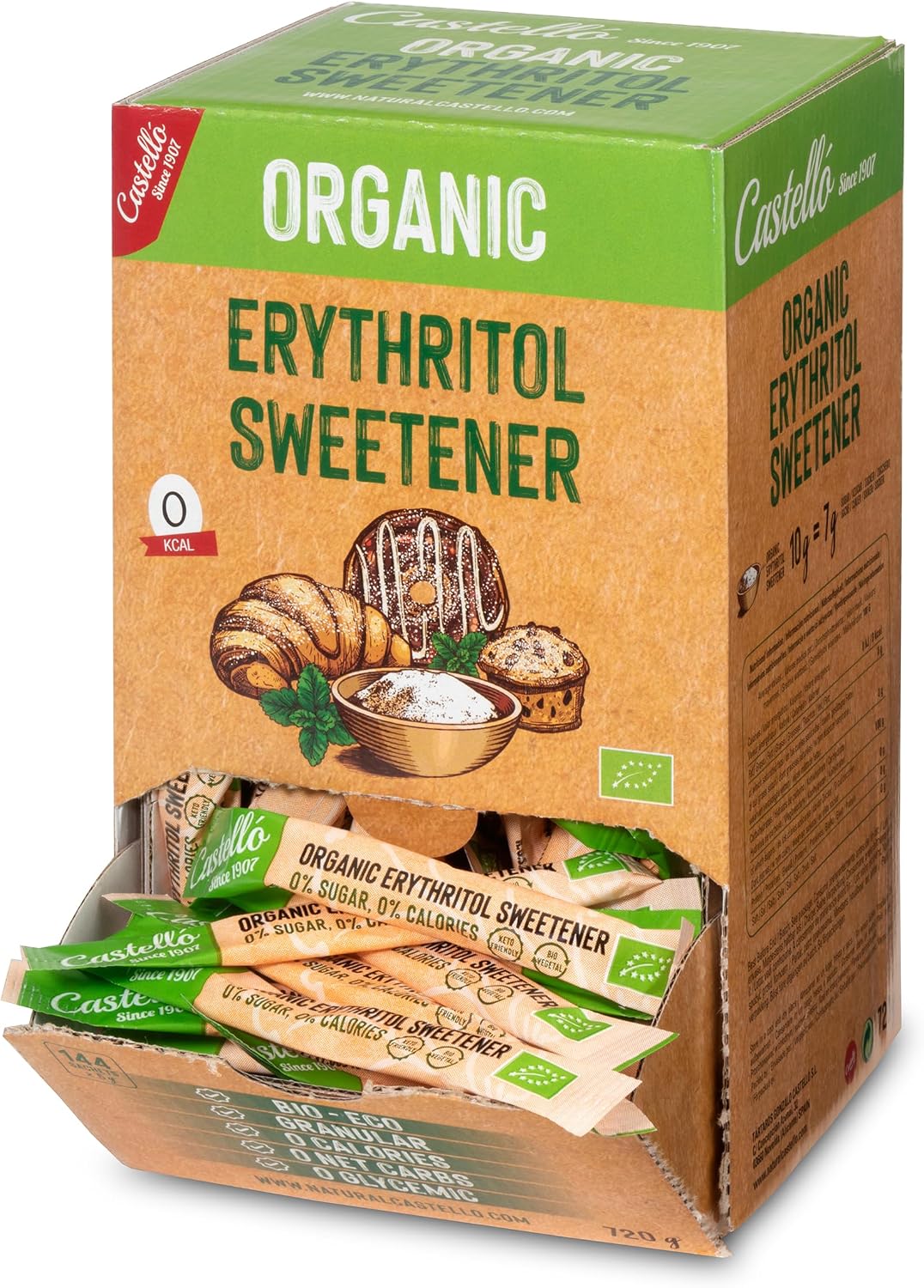 Castello since 1907 Erythritol Sweetener Organic Bio Eco | 144 sachets of 5g | Sugar Substitute - Keto and Paleo Friendly - 0 Glycemic - 0 Calories - 0 Net Carbs - Made by corn 100% Non-GMO - 720 g