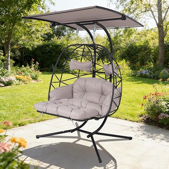 Double Egg Chair Outdoor with Stand & Canopy, 2 Person Hanging Egg Chair with Footrest, Wicker Egg Swing Chair for Patio Garden, Black-LG