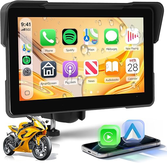7" Motorcycle Wireless CarPlay GPS Navigation System, Dual Bluetooth | Android Auto Portable CarPlay Screen for Motorcycle, Si-ri, Goo-gle Assistant, EQ, IP67 Waterproof Moto Screen