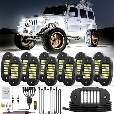 12 Pods White Rock Light Kit with Wired Switch - 6500K Pure White LED Underglow, IP68 Waterproof, Super Bright 36 LEDs for Trailer Off Road SUV UTV ATV RZR Car