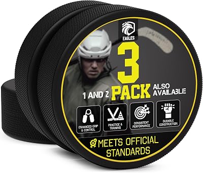 EAGLES Ice Hockey Pucks 1, 2, 3, 6 or 50 Pack | High Grade Pucks Official Regulation Weight & Size for Practice & Classic Training - 6 oz Diameter 3 Thickness 1 Black Hockey Puck Roller Hockey