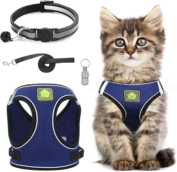 Cat Harness and Lead Set,Adjustable Reflective Stripe Cat Kitten Walking Vest with Leash Cats Collar,Escape Proof Soft Mesh Vest Harness and Lead for Small Medium Cats Pets Walking