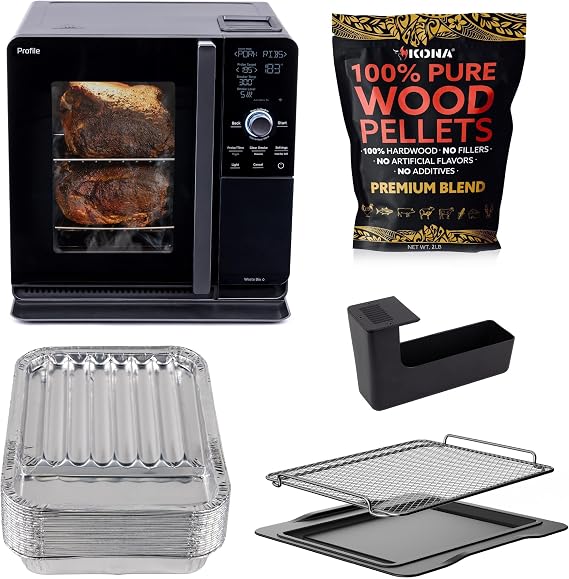 GE ProfileTM Smart Indoor Pellet Smoker + Accessories Bundle, Includes Four 1lb Bag, Strainer, 20-pack of Drip Pan Liners, and Prep Tray, Stainless Steel, Carbon Black