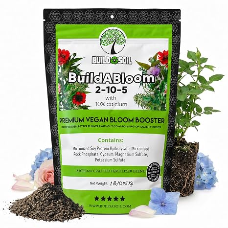 BuildASoil Vegan Bloom Booster & Flower Fertilizer - Plant Food for Organic Hydrangea, Roses, Hibiscus, and Vegetables - Natural Soil Flower Food - Best Fertilizer for Vegetable Garden - 1 LB Bag