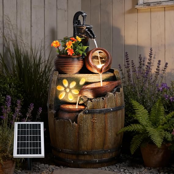 29" Tall Barrel Solar Water Fountain Outdoor Garden