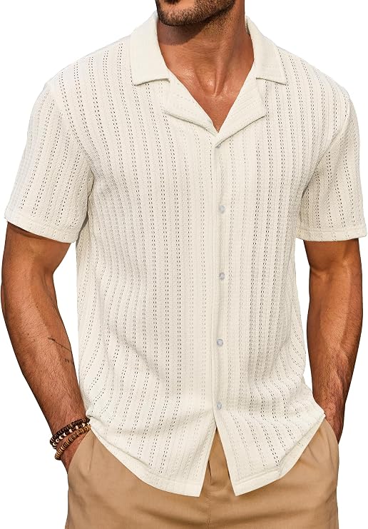 Herberton Mens Crochet Knit Shirts Summer Cuban Button Tops