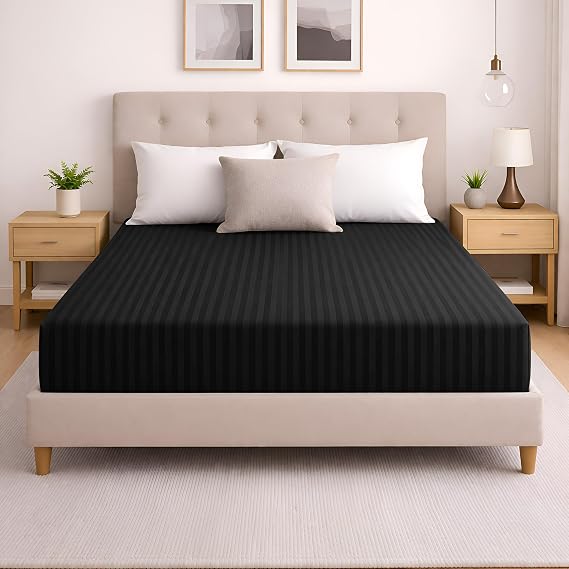 MOONLIGHT20015 Fitted Sheet Double 40cm Soft Brushed Microfiber with Satin Stripes Fade Resistant Easy Care Breathable Bed Sheets (Black, Double)