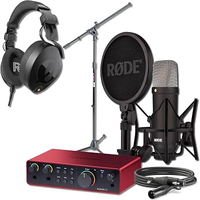 Rode NT1 Signature Series Black Condenser Microphone with Scarlett 2i2 4th Gen USB Audio Interface, NTH-100 Professional Over-Ear Headphones and On-Stage MS7701B Boom Microphone Stand