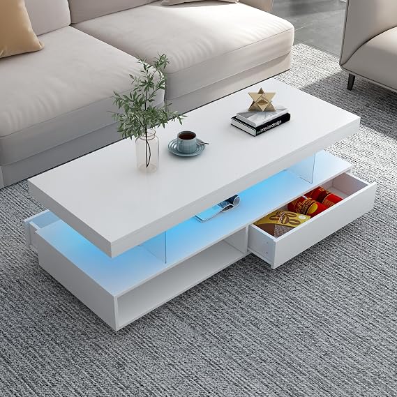 Modern LED Coffee Table with Storage, Contemporary Rectangle Design with 2 Drawers and Display Shelves,Cocktail Table for Living Room, Home and Office,White