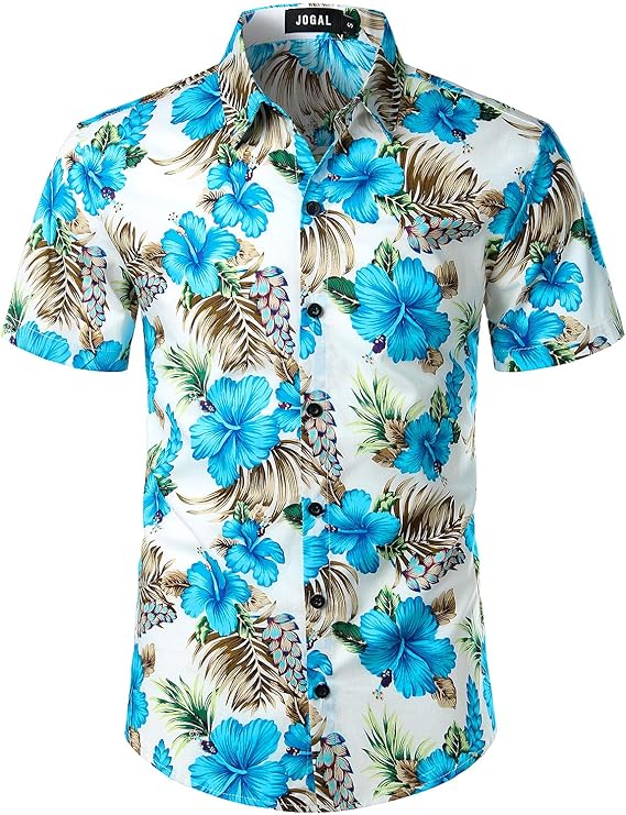 JOGAL Mens Cotton Hawaiian Shirt Short Sleeve Button Down Floral Shirt