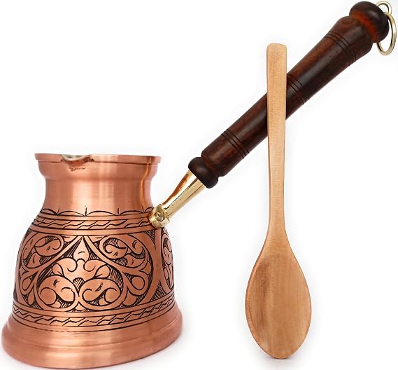 DEDE Copper - IST Serisi (XLarge-16,9 floz) - Ahşap Saplı En Kalın Katı Bakır Oyma Türk Yunan Arap Kahve Demliği, Ocak Üstü Kahve Makinesi Cezve, Jezve, Jazz Cazzve, Ibrik, Briki (Mat)