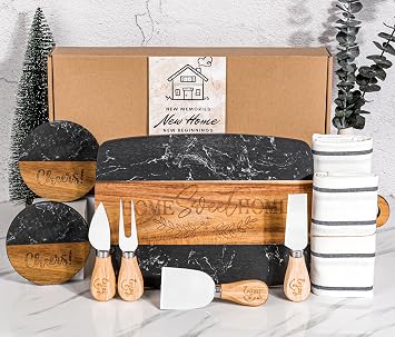 House Warming Gifts New Home,11 Pcs Housewarming Gifts Basket for New House,Unique Housewarming Gift Baskets for Couples, Clients, Women (Black Marble)