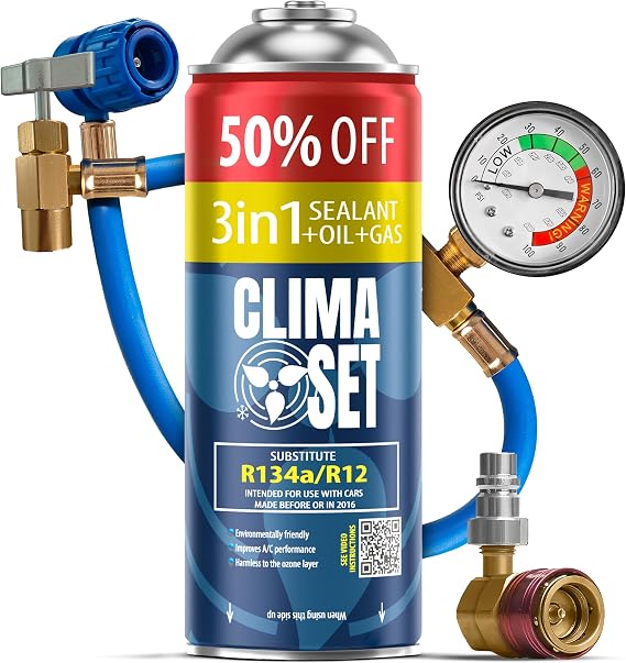 ClimaSet Replacement of 3in1 refrigerant gas R134a 1x235 g for Air conditioning with hose, pressure gauge and HP/LP adapter for air conditioning - Car air conditioning recharge - ECO