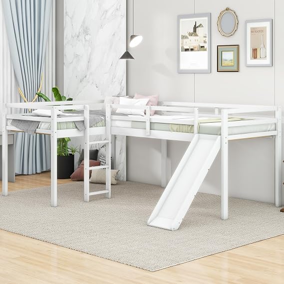Harper & Bright Designs L-Shape Loft Beds with Slide and Ladder, Twin Loft Bed Frame Corner Loft Bed for 2 Kids, Wood Gray Loft Bed for Girls Boys Teens,Space-Saving,No Spring Box Needed, White