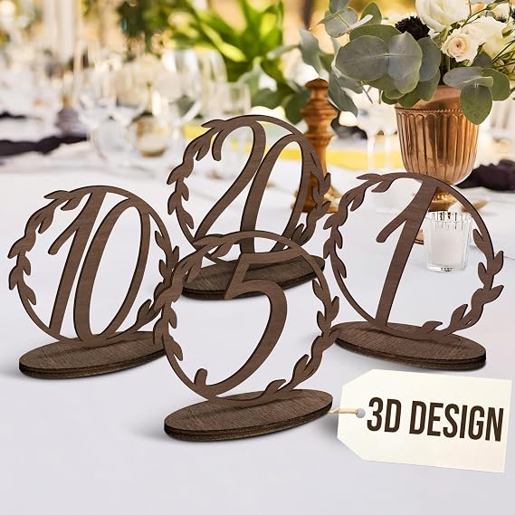Woodamore Rustic Wedding Table Numbers 1-20, 7 in Round Wood with Stands