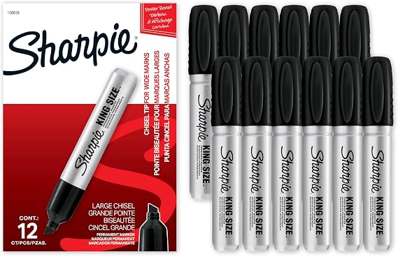 Sharpie King Size Permanent Markers, Chisel Tip, Black, 12 Count - Thick Poster Markers, Heavy Duty For Work & Industrial Use, High Capacity Ink Supply, For Paper, Metal, Plastic, And More