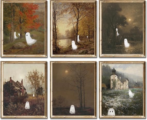 WINDVALE Cute Ghost Posters Prints, Vintage Halloween Pictures Wall Art, Aesthetic Home Decor for Bedroom Living Room(8x10 Unframed)