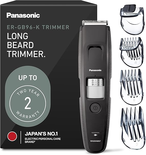 Panasonic Long Beard Trimmer for Men, 58 Length Settings and 4 Attachments to Cut and Detail, Corded or Cordless Beard Trimmer for Men ER-GB96-K (Black)