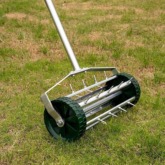 16-Inch Heavy Duty Rolling Lawn Aerator With Sharp Spikes & Anti-Slip Handle - Push Aerator for Garden, Yard - Manual Tool