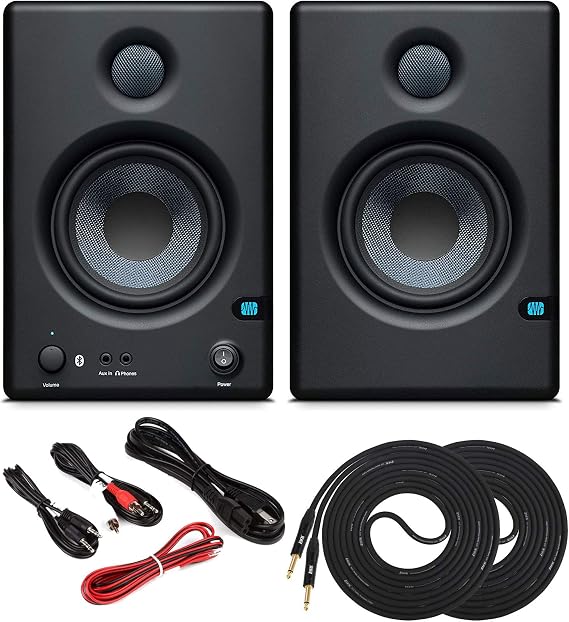 PreSonus Pair ERIS E4.5 BT 4.5 Active Bluetooth Media Reference Monitors with Stereo Cable Kit and 2x TS/TS Instrument Cables - Wireless Streaming Sound from a Smartphone, Tablet, Laptop