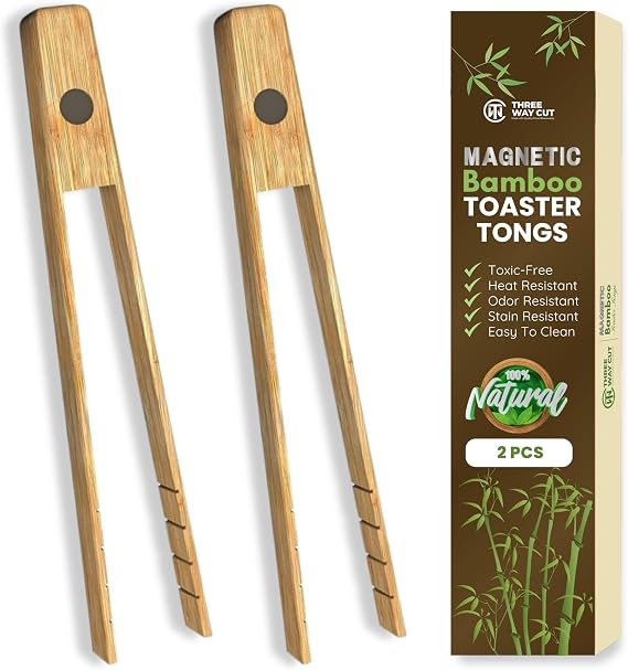 Toaster Tongs With Magnet | Bamboo Kitchen Utensils For Cooking & Holding Toast Bacon Muffin Bagel Bread | 8" Long Natural Toxic Free Magnetic | 2pcs Set
