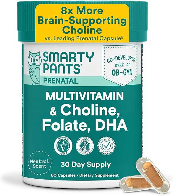 SmartyPants Womens Prenatal Multivitamin Capsules, OBGYN CoDeveloped Prenatal Vitamins with Choline, Folate, Omega 3 DHA, Iron for Babys Development, Gentle on Stomach, 60 Count (30 Day Supply)