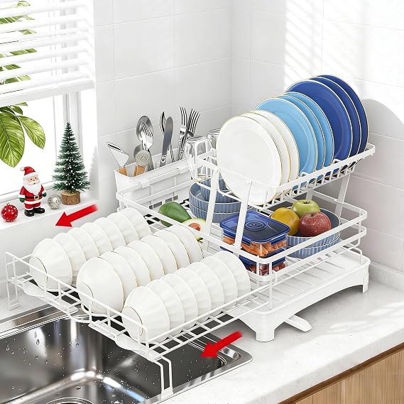 Glovv 2-Tier Collapsible Over the Sink Dish Drying Rack, Kitchen Sink Organizer with Auto Drainage System, Dish Racks for Kitchen Counter with 4 Cup Holders,White