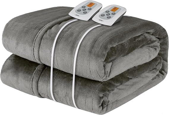 HEYNEMO Heated Blanket Queen Size with Dual Control, 84"x 90" Microplush Flannel Electric Blanket for 89F-108F,10 Heating Levels Heating Blanket & 1-12 Hours Auto Shut Off,Grey