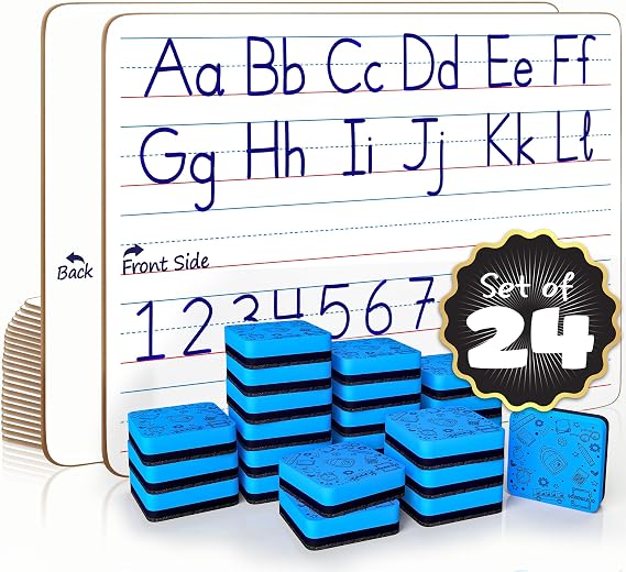 Scribbledo 24 Pack Double Sided Whiteboard Lined Dry Erase Boards for Kids Ruled Writing Board Handwriting Practice for Kids Small White Board Dry Erase Board 9x12 Dry Erase Board with Lines
