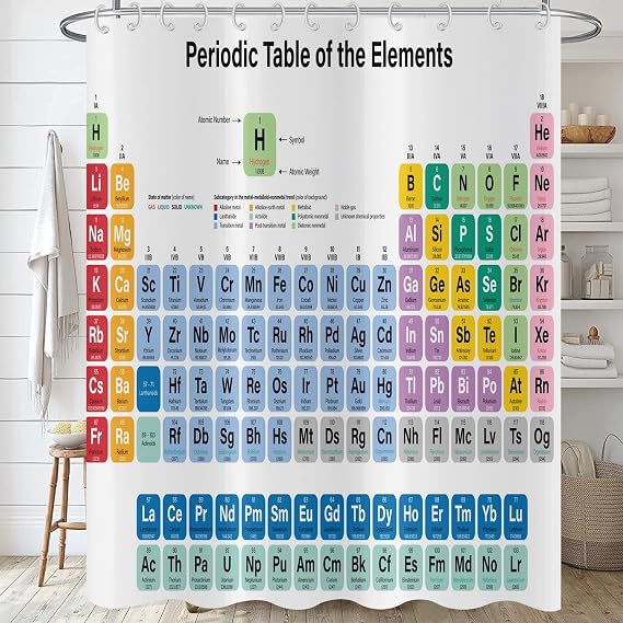 Shower Curtain Periodic Table 180 x 180 cm Colourful Science Technology Education Chemistry School Student Bath Curtain Waterproof Polyester Fabric Washable Bath Curtain for Bathroom with Hooks
