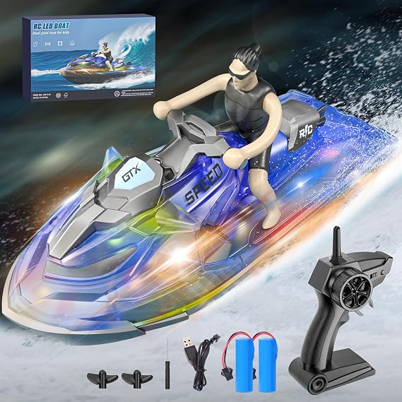 WHIMSYLAND RC Boats for Kids 6+, 2.4GHZ Mini Remote Control Jet-ski with Dual Motors & Led Lights Lakes & Swimming Pool Toys, 2 Rechargeable Batteries, Blue