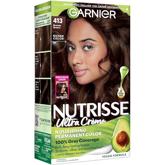 Garnier Nutrisse Ultra Creme Hair Color, Permanent Hair Dye with 100% Gray Coverage, Vegan & Cruelty-Free, 413 Bronze Brown (Bronze Sugar), 1 Count