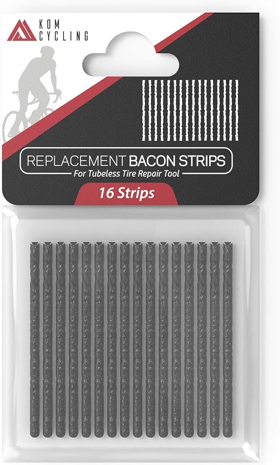 KOM Cycling Tubeless Tire Repair Tool Replacement Bacon Strips - 16 Tubeless Replacement Repair Strips that Work with Multiple tubeless Repair Tools Such as, Lezyne, Pro Bike Tool and Many Others!