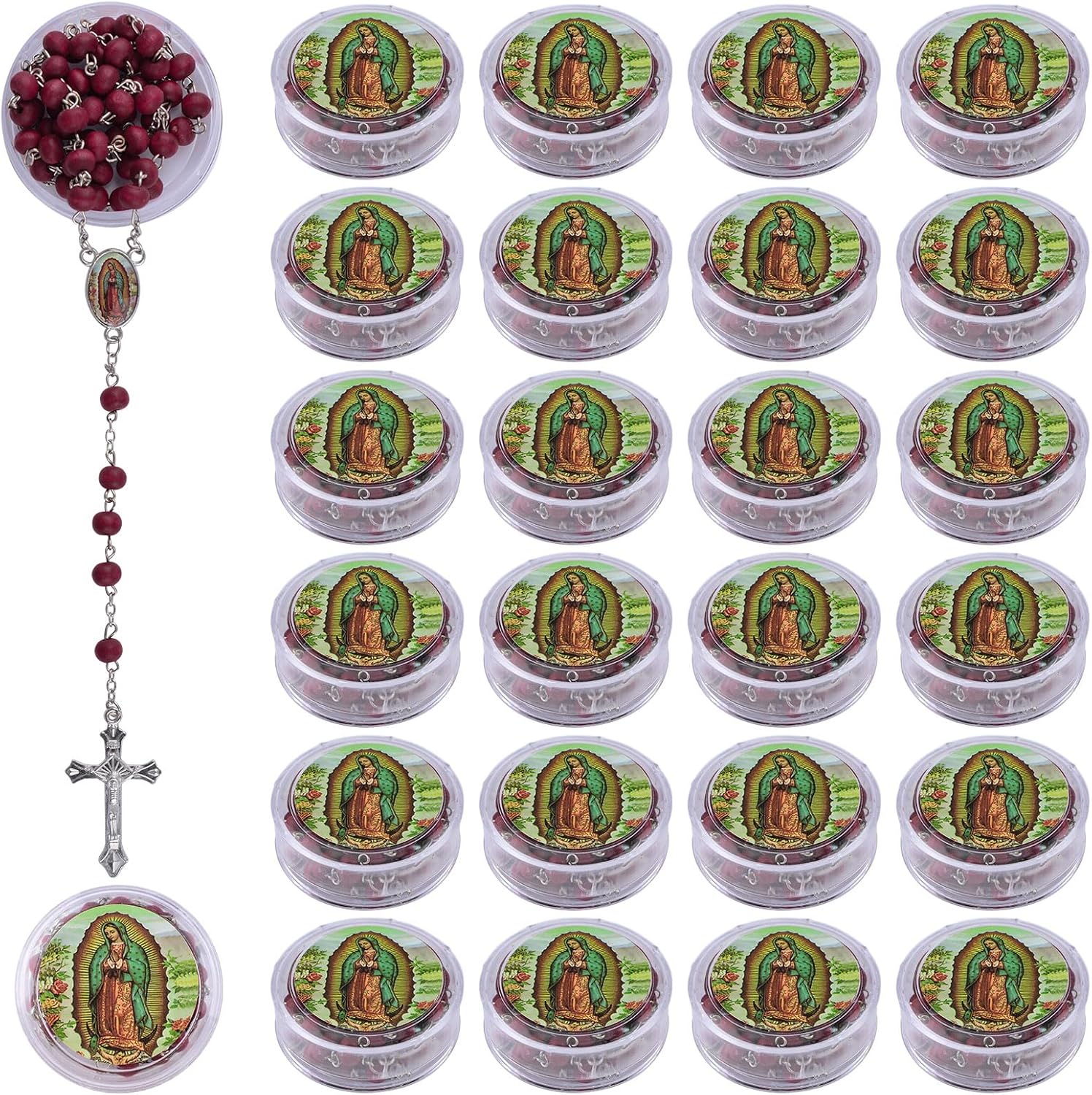 WANDIC 24PCS Bulk Red Scented Wooden Rosary Necklace with Cross Pendant, Catholic Rosarios with Round Storage Box for Baptism Favors and Communion Present