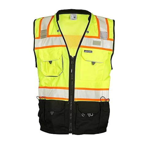 Kishigo Premium Black Series Unisex Surveyors Vest S5002, Class 2 Hi-Vis Safety Vest, 10 Pockets with Reinforced Front Zipper Closure & Durable Webbing, ANSI/ISEA 107 Compliant (Lime/Black, SM), Small