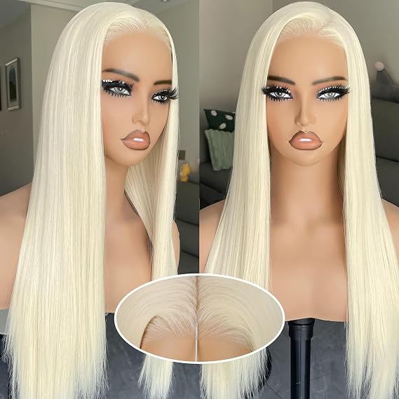 BLL Blonde Lace Front Wig, Platinum Blonde Glueless Wigs Pre Plucked Pre Cut 6x5 Lace Synthetic Easy to Wear Put on and Go Long Straight 613 Wigs for Women 26inch Beginner Friendly