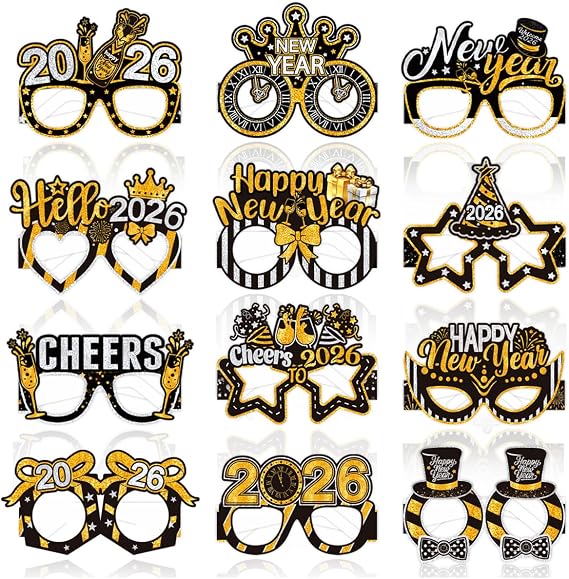 24 Pieces Happy New Year 2026 Paper Party Glasses 12 Fun Designs with 2 Each Champagne, Clocks, Cheers, 2026 Eyeglasses for New Years Eve Party Favors and Photo Booth Props