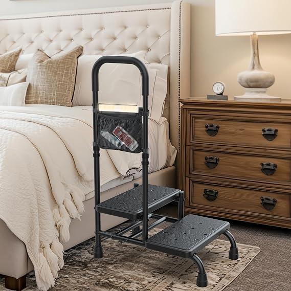 2 Step Stool with Handle for Elderly, Adjustable Handrail, Sensor Light