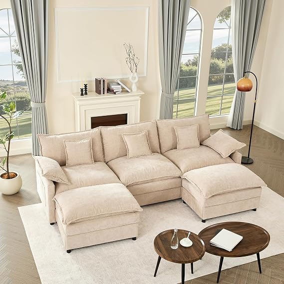 274 cm U-Shaped Sofa, Chenille Deep Seat Sofa Bed, Flat White
