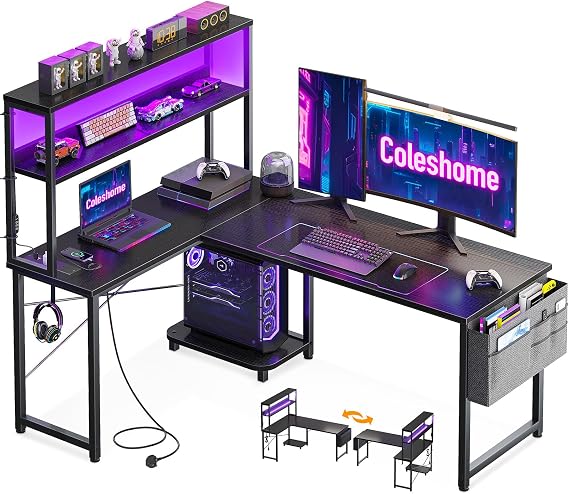 Coleshome L Shaped Gaming Desk with LED Lights & Power Outlet, Black
