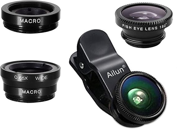 Ailun Phone Lens, 3 in 1 Clip on Fish Eye Lens+Wide Angle+Macro Lens | 180 Degree Fish Eye Lens, 0.65X Wide Angle, 10X Macro Lens, Universal HD Camera Lens kit, For Mobile Phone & Smartphone