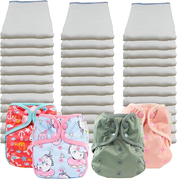 OsoCozy Economy Prefold Cloth Diaper Package - 3 Dozen Infant 4x6x4 Bleached 100% Cotton Prefold Diapers (7-15 lbs) & 4 One-Size Diaper Covers (1 Pewter, 1 Unicorn. 1 Sealife, 1 Pink)